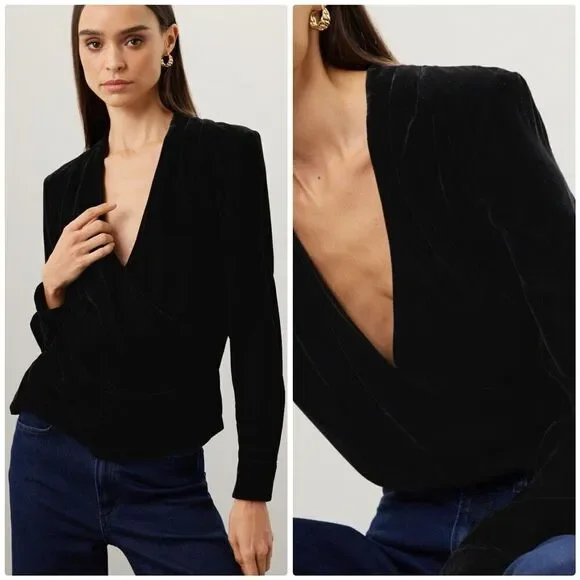 Lauren Ralph Lauren Blouse Womens 14 Velvet Velour Top Surplice V Neck Pleated